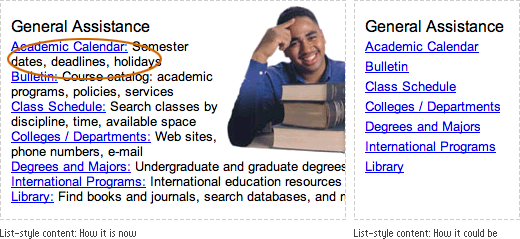 List-style content: How it is (a list with extra text and an image) compared to List-style content: How it could be (a simplified list)