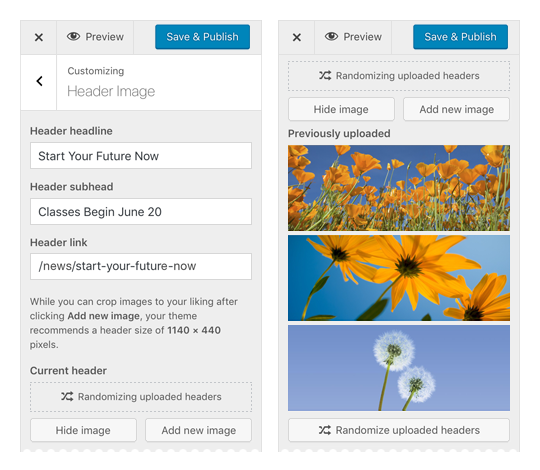 Peralta Colleges WordPress admin header management view