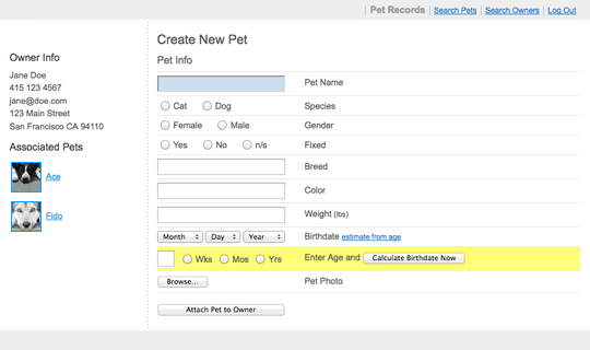 Pet Care wireframe screen view